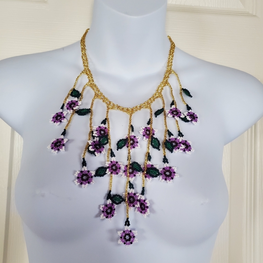 Flower Rain Beaded Necklace Handcrafted In Antigua Guatemala Purple Golden Green